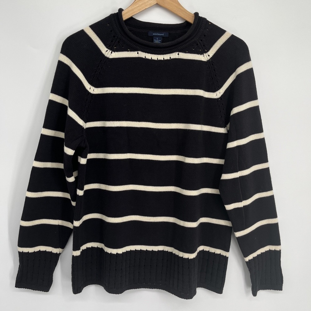 Vintage 90s Westbound Womens L Sweater Roll Neck Striped Pullover Cotton Preppy